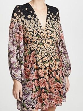 FARM Rio Black Floral V-Neck Smocked Waist Long Sleeve Dress